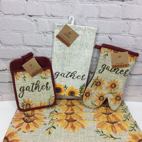 Sunflower 7Pc Kitchen Set (4)Tapestry Placemats/Dish Towel/Oven Mitt/Pot Holder - Picture 5 of 8